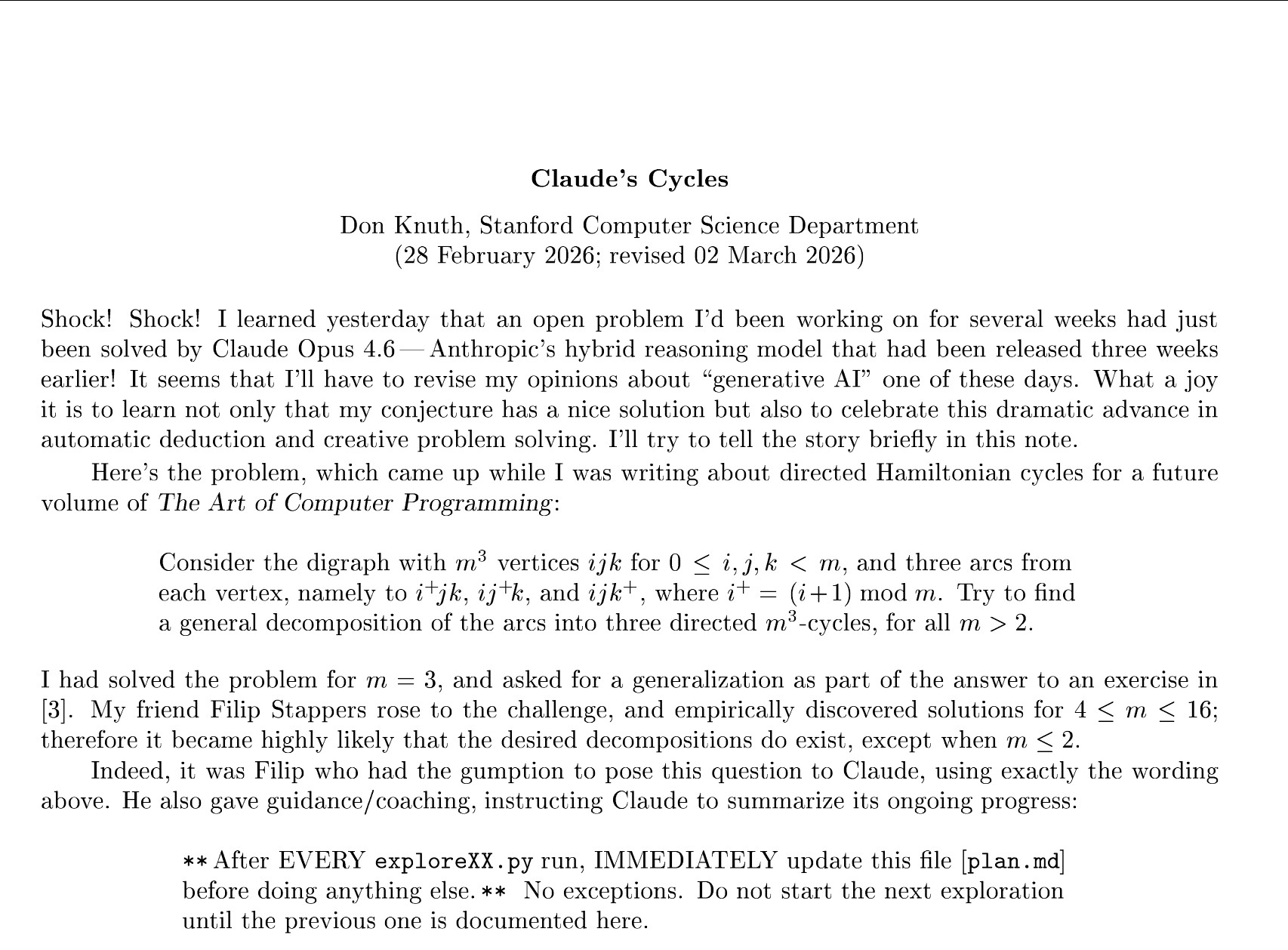 一个困扰高德纳数周的开放性问题，被ClaudeOpus4.6在一小时内解决。
