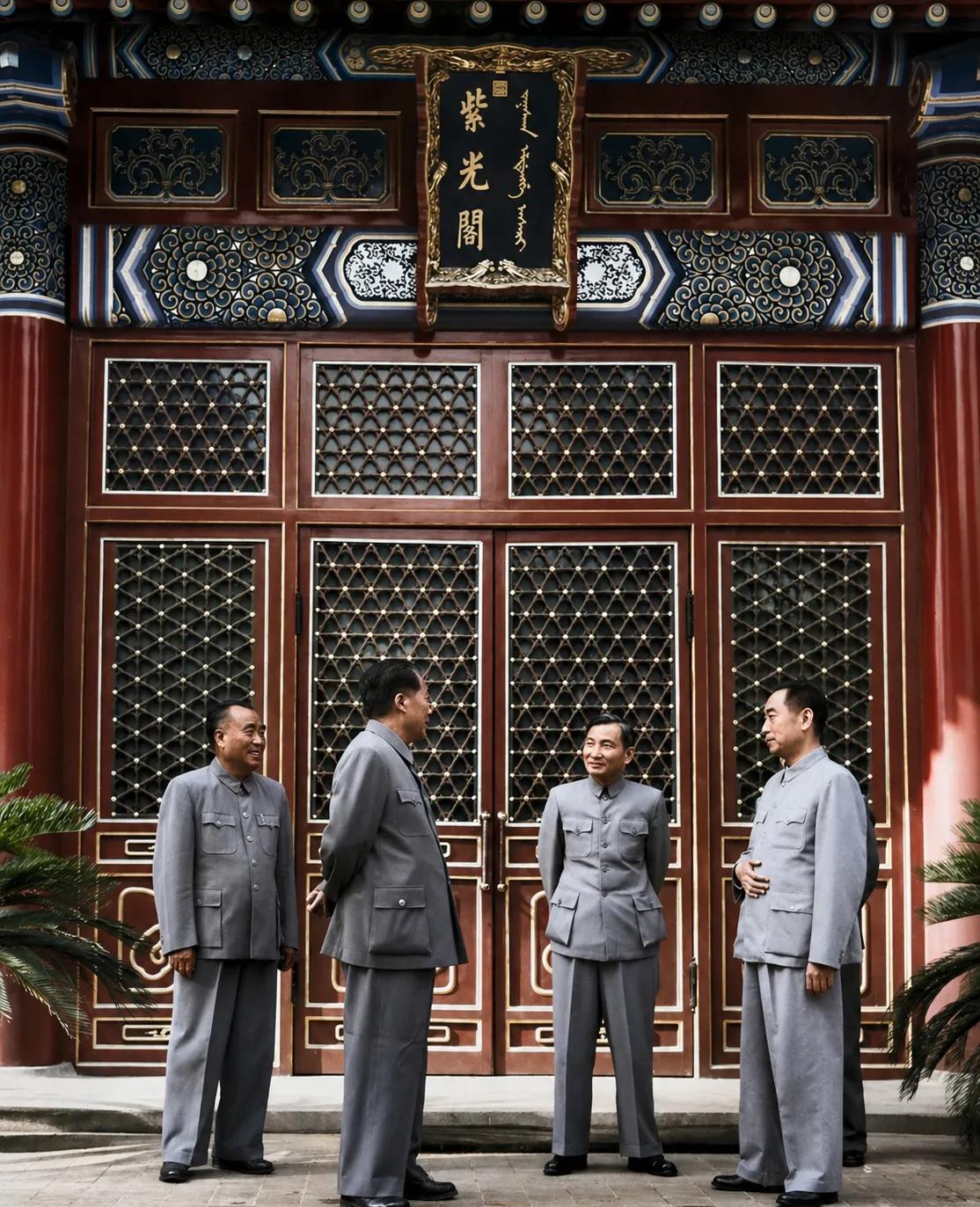 紫光阁前，五位伟人在聚首闲谈。大家可以猜一猜，站在周总理身后的是谁？