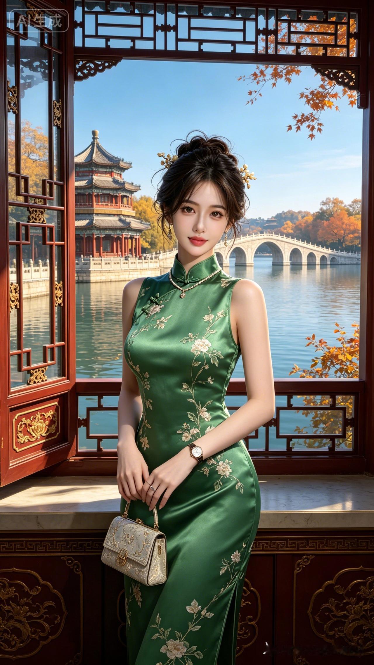 这姑娘穿旗袍好漂亮，背景好美！