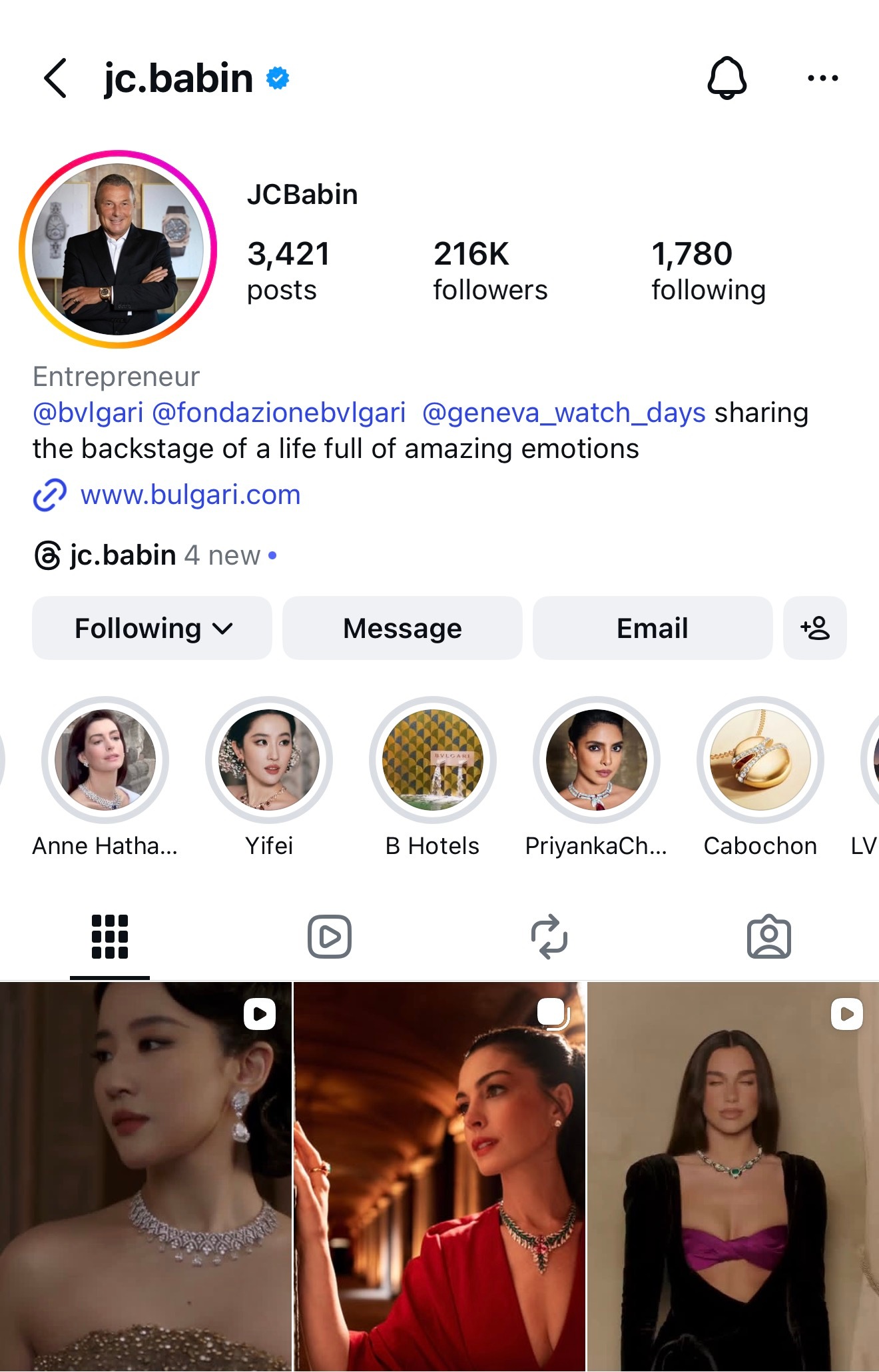 刘亦菲不完全统计宝格丽董事会主席JCBabin在官方Ins、InsStor