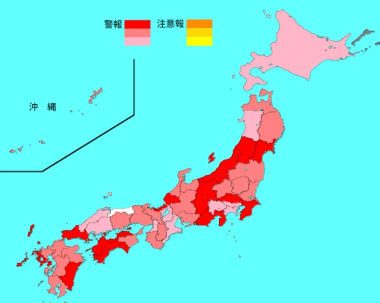 这张图片反映了日本流感的严重性。日本全境都处于“警报级”。整个日本感染流感的人