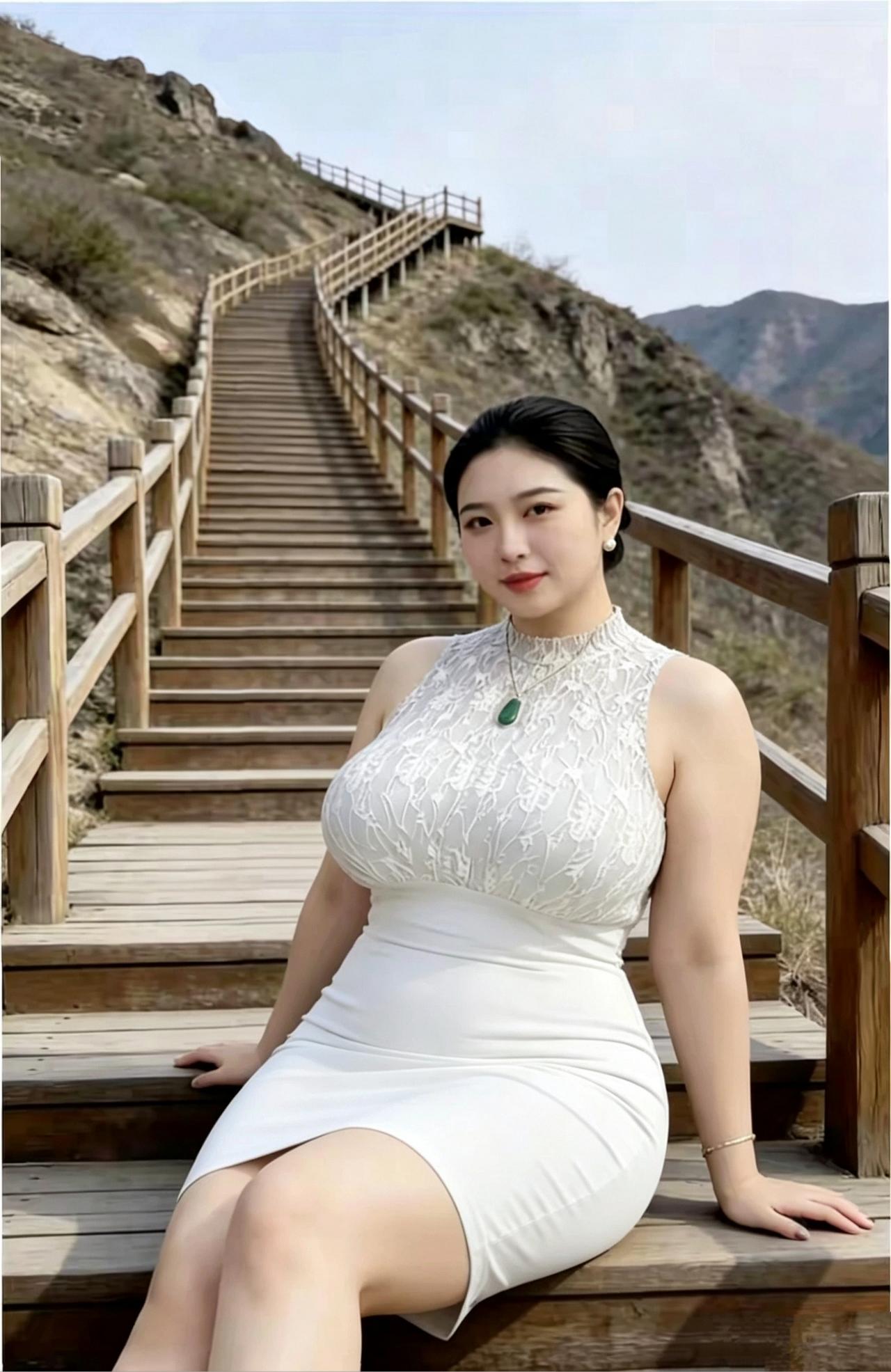 《山阶倩影》木栈盘回入远岑，青山如黛映衣襟。素衣漫染烟光色，翠玉轻凝静雅
