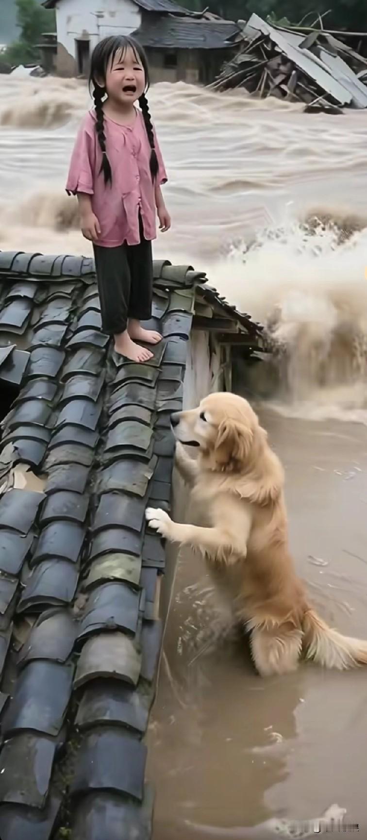 洪水泛滥，房屋被浸泡，小主人无处藏身，只能爬上瓦顶，望着下方汹涌的洪水，吓得哇哇