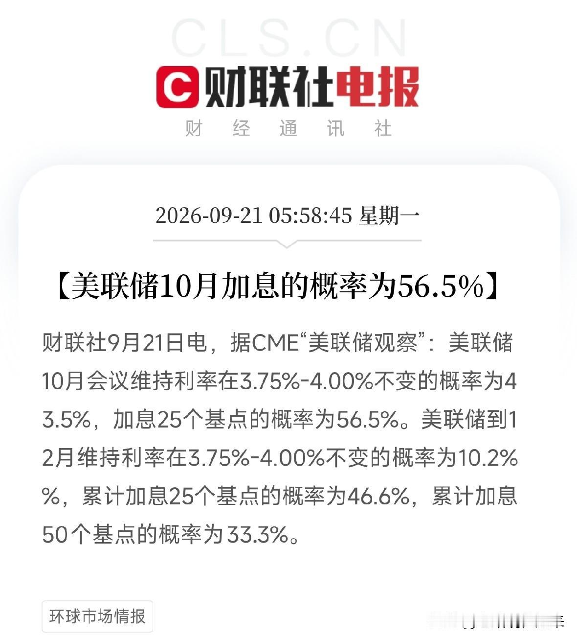 大早上6点多，手机屏幕一亮，这组数据比闹钟还提神美联储10月加息概率，56.