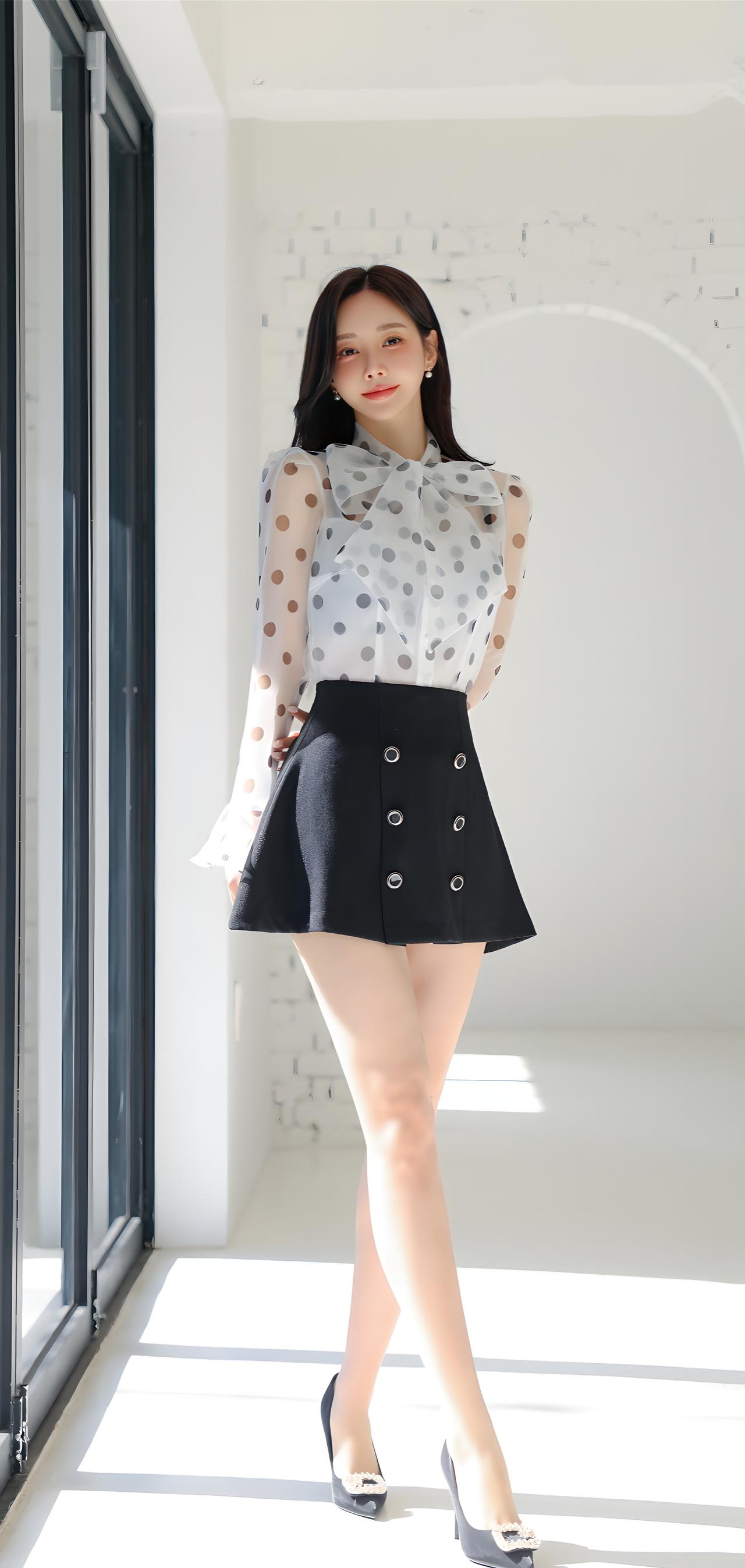 优雅波点衬衫搭配黑色短裙，尽显时尚与自信！💃✨