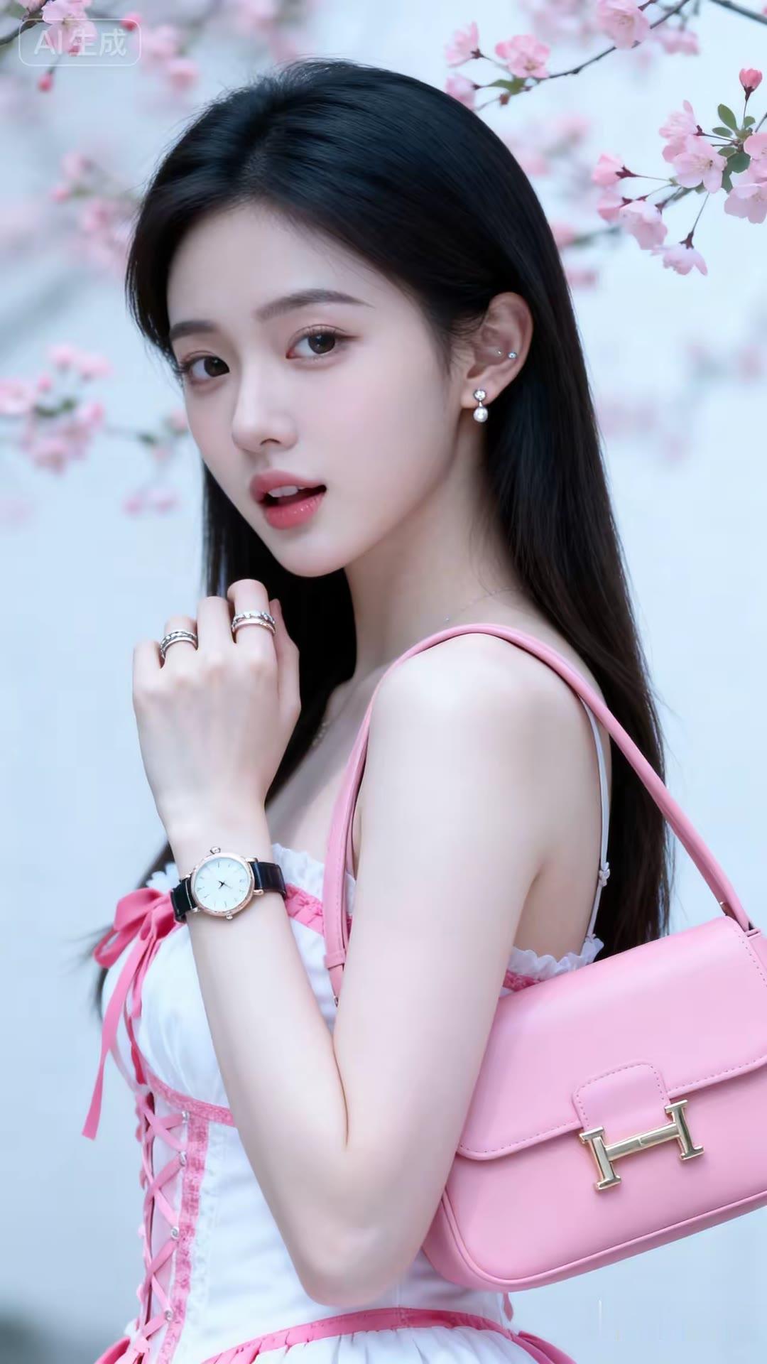 樱花树下，少女轻抚耳畔，粉裙飘飘，梦回春日。