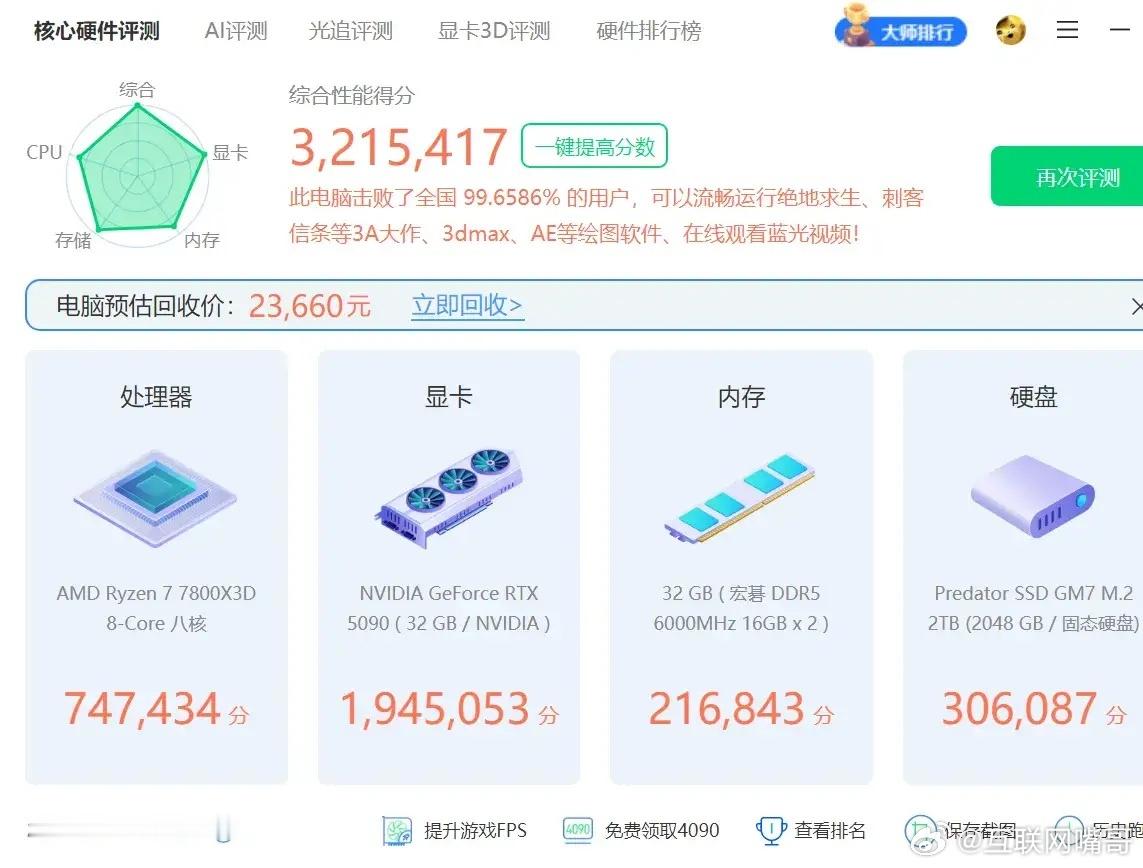 用了两年的4090显卡卖了换了5090，跑分惊呆我了，我本来想买5080的，没想