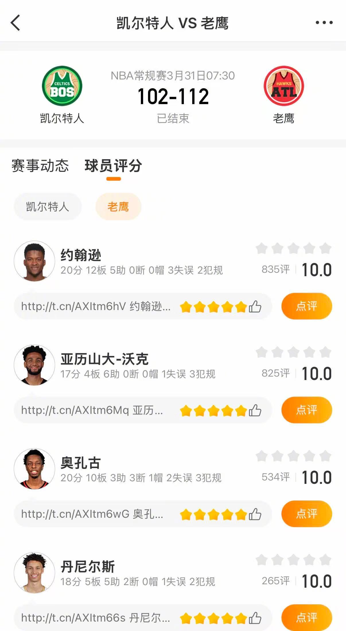 老鹰战胜凯尔特人老鹰112-102击败凯尔特人。奥孔古20分10篮板，杰伦约翰