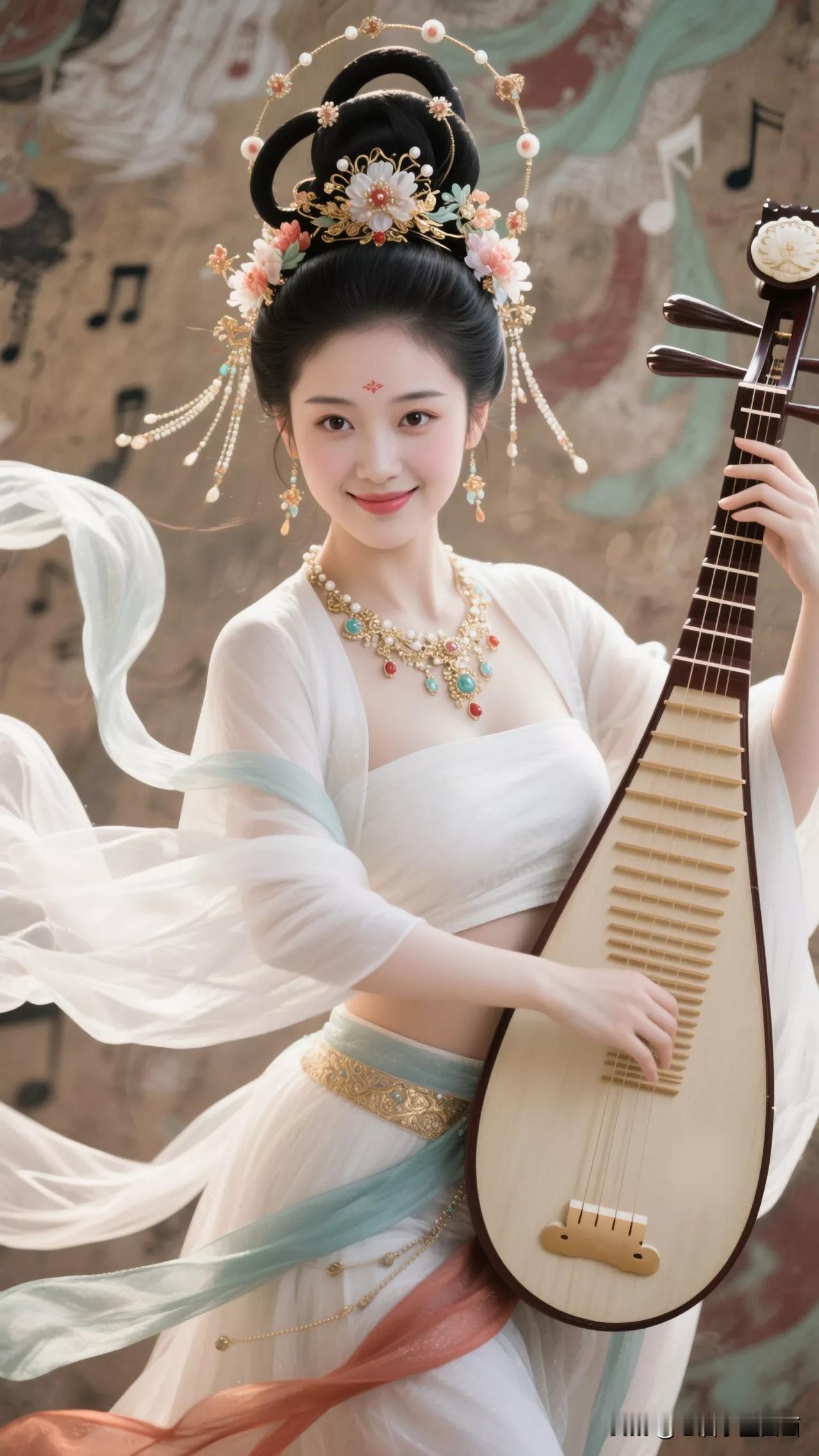 古风美人弹奏琵琶，古典韵味十足张立启原创书画AI作品古仕女发髻服饰集锦首发第67