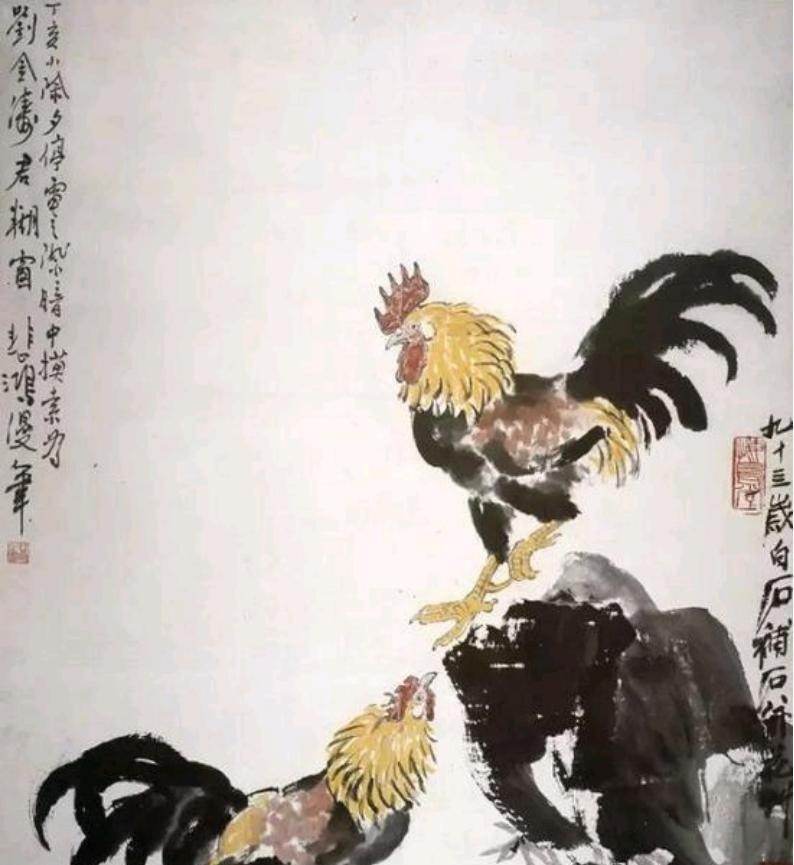 1947年除夕，徐悲鸿为挚友刘金涛作画，刚画完两只公鸡，突然停电了。一时间没办法