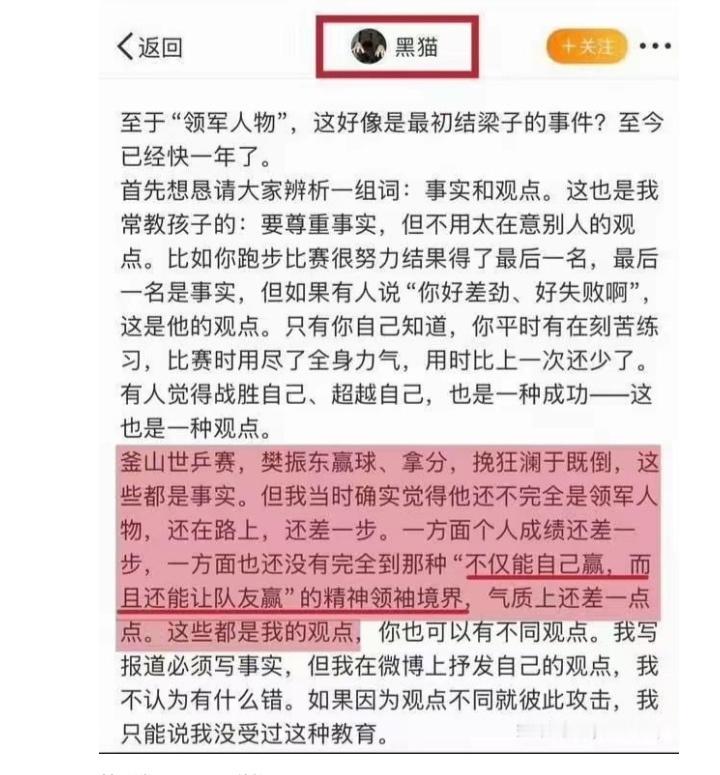 黑猫当初但凡对樊振东仁慈一点，哪怕一点，这番领军人物的言论，也不至于回旋镖把她北
