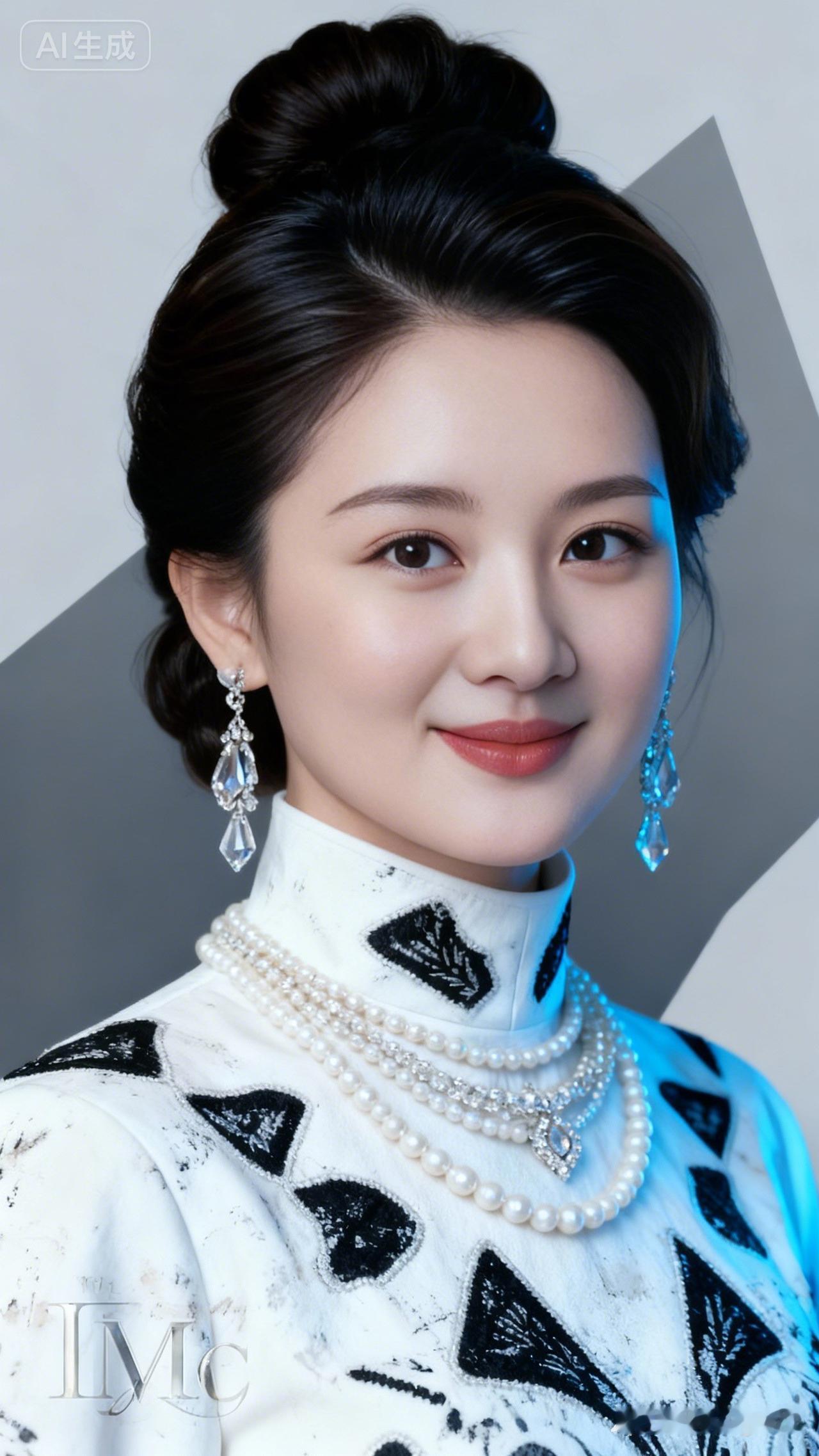 这位女士穿着华丽的礼服，搭配珍珠项链和耳环，显得非常优雅。