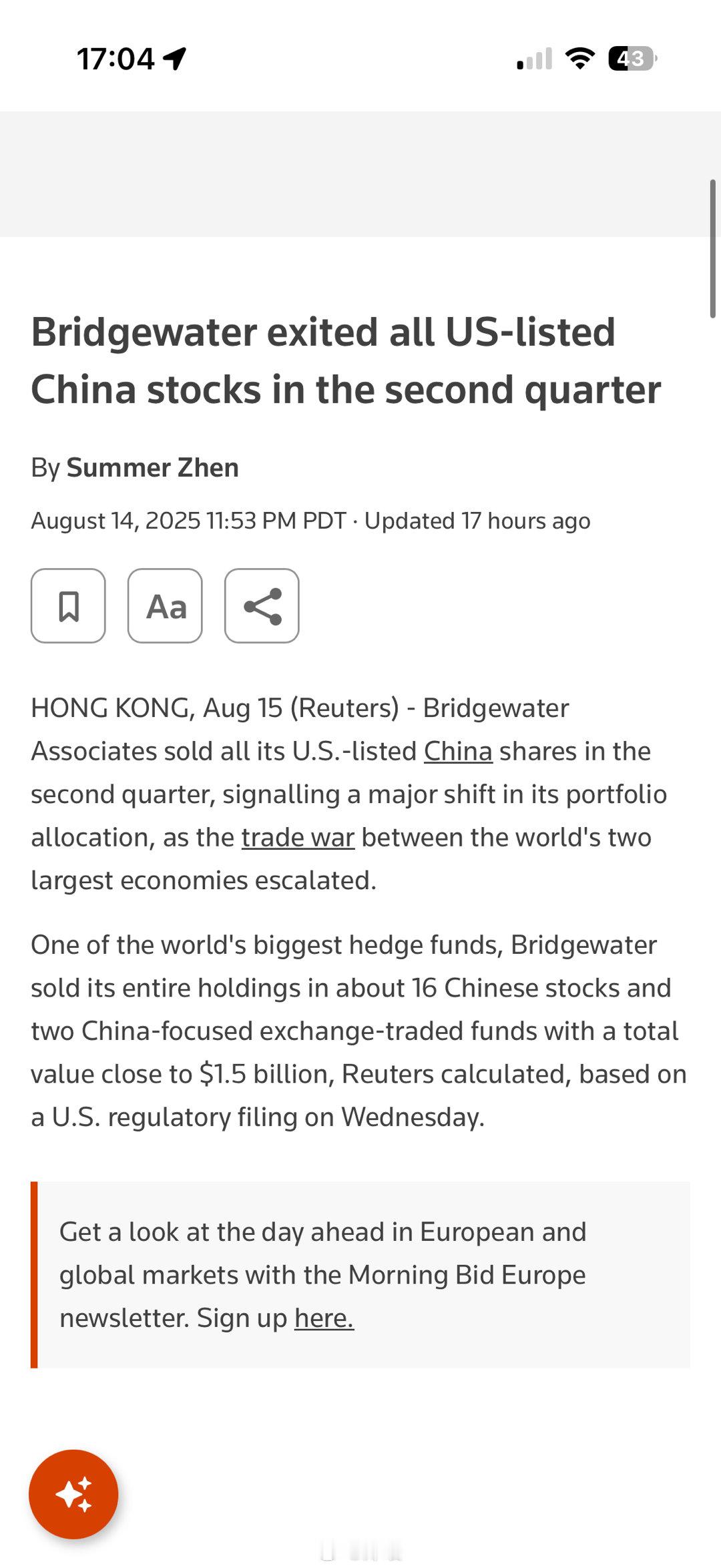 对冲基金巨头桥水退出中概股投资对冲基金巨头桥水联合公司在第二季度抛光了在美国上市