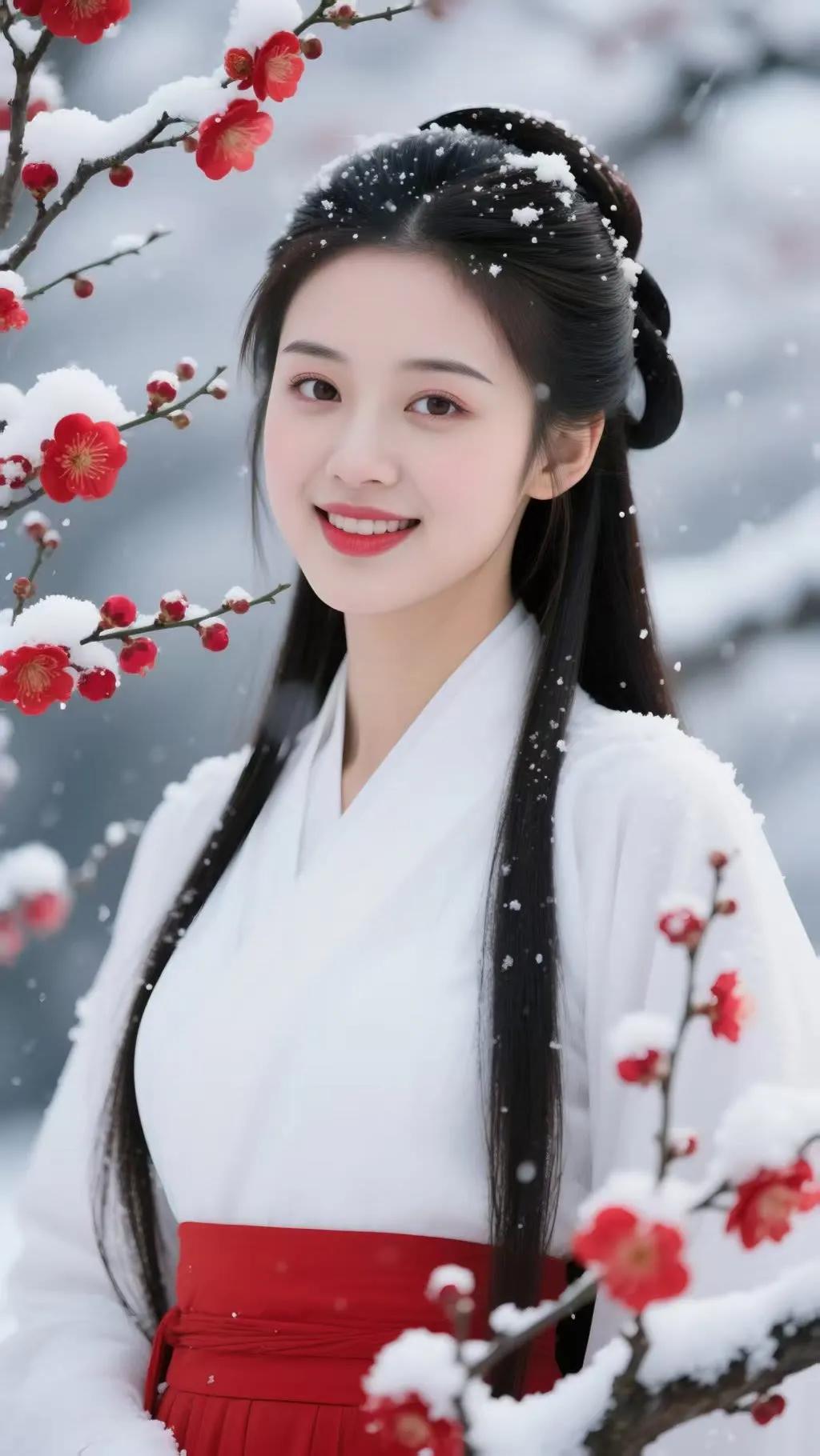 冬日雪景中的红衣美人，如诗如画，美不胜收！🌨️🌸💕