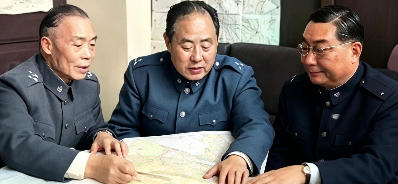 这是一九四七年底，傅作义、李宗仁、陈继承三位国军高级将领围坐于军事地图之前，正在