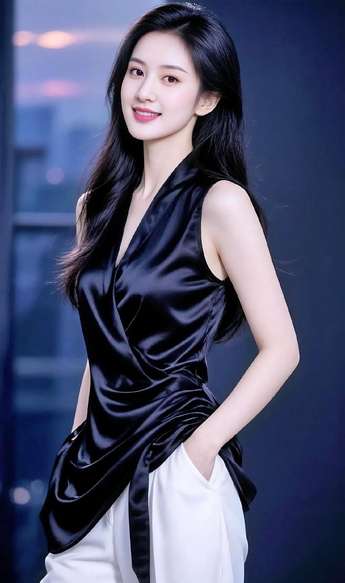 暮色温柔，窗外华灯初上。一袭黑缎白裤，优雅又大方。双手轻插口袋，