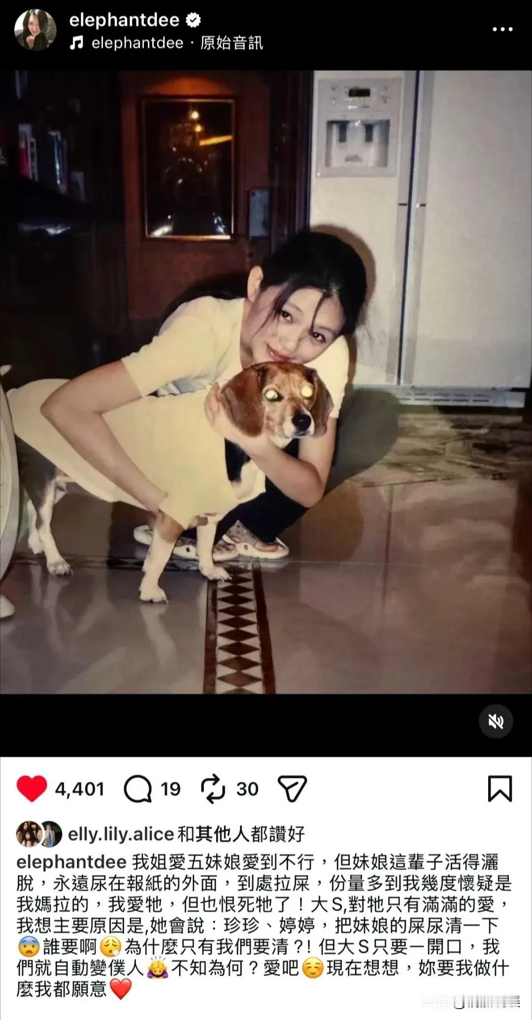 小s罕见分享，姐姐大s和她的宠物狗“五妹娘”合影的照片，画面中的大s，笑的很阳光