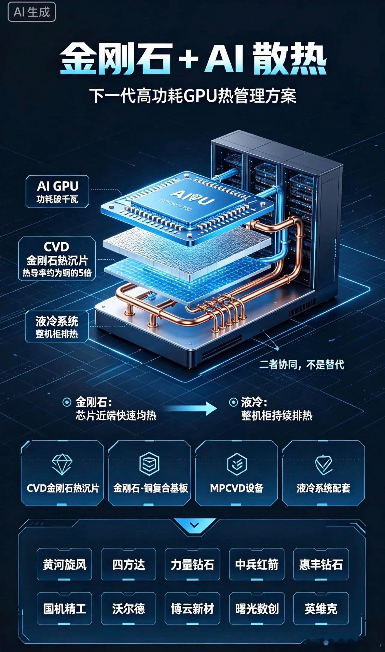 金刚石+AI散热，10家核心公司AI高功耗GPU功耗破千瓦，传统铜散热触及上限；CVD金刚石热沉片热