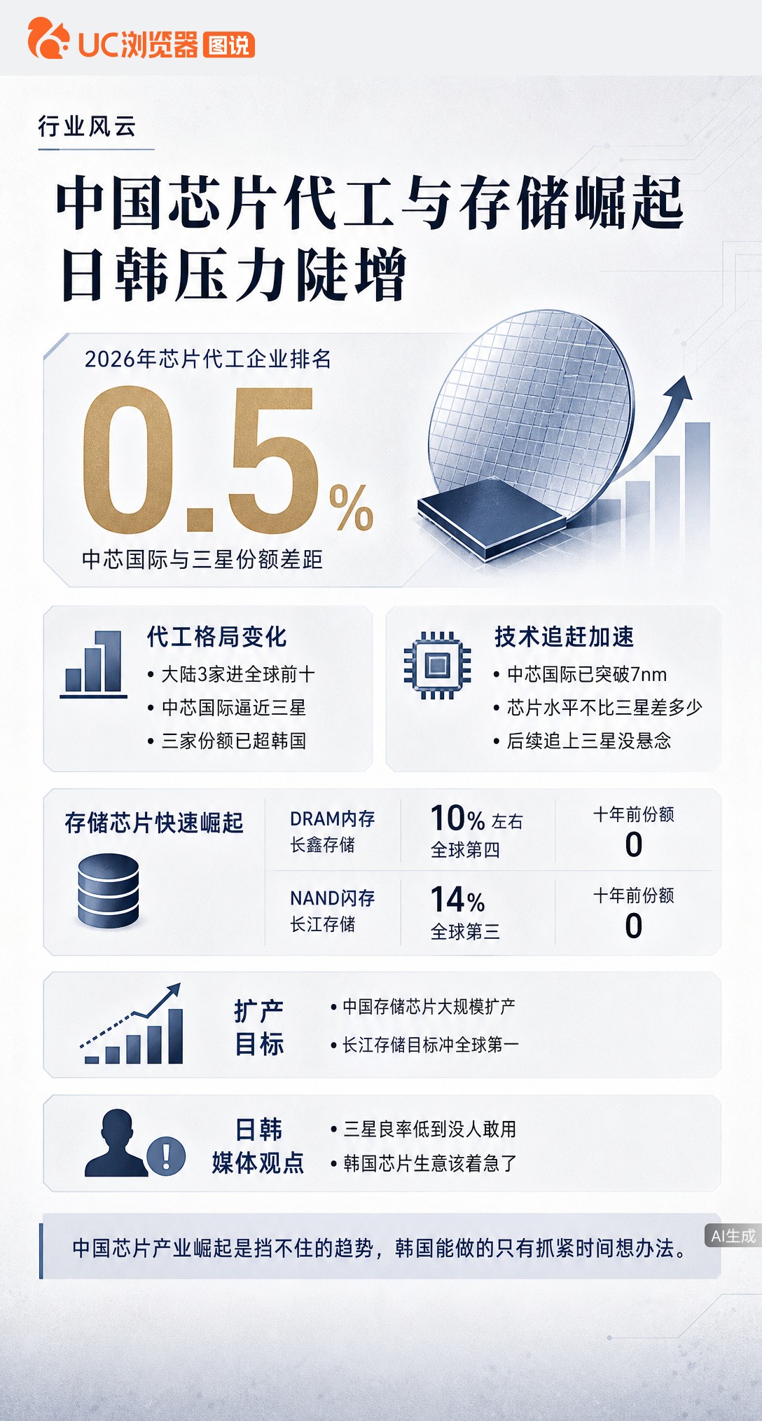 日媒称中芯国际份额距三星仅差0.5%，三季度或反超。存储芯片长鑫、长江存储也从零追到全球前四，韩国这