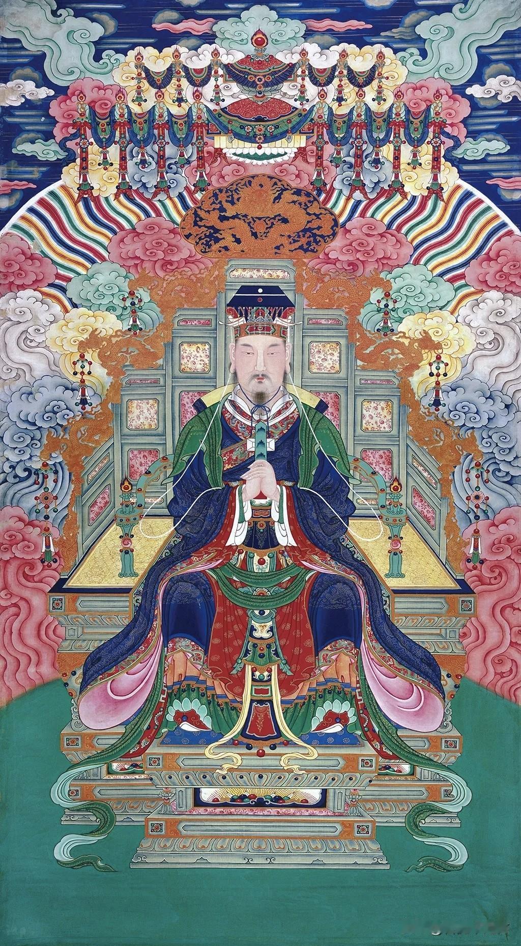 清代玉皇大帝重彩绢画这是一幅保存完好的清代绢本重彩玉皇大帝立轴，属于道教水陆画
