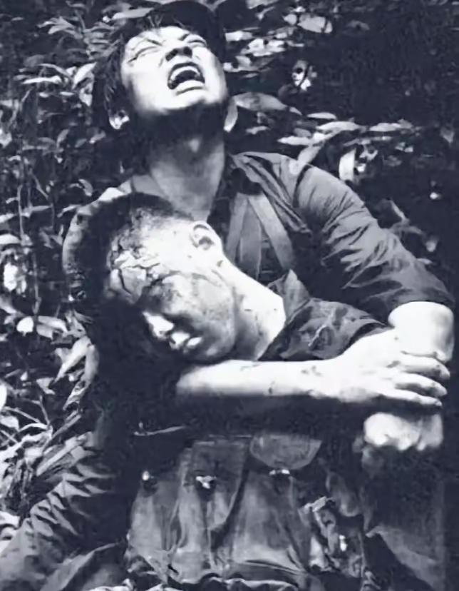 1984年，对越自卫反击战的211高地上，一名士兵头部中弹牺牲，他的战友抱着他的
