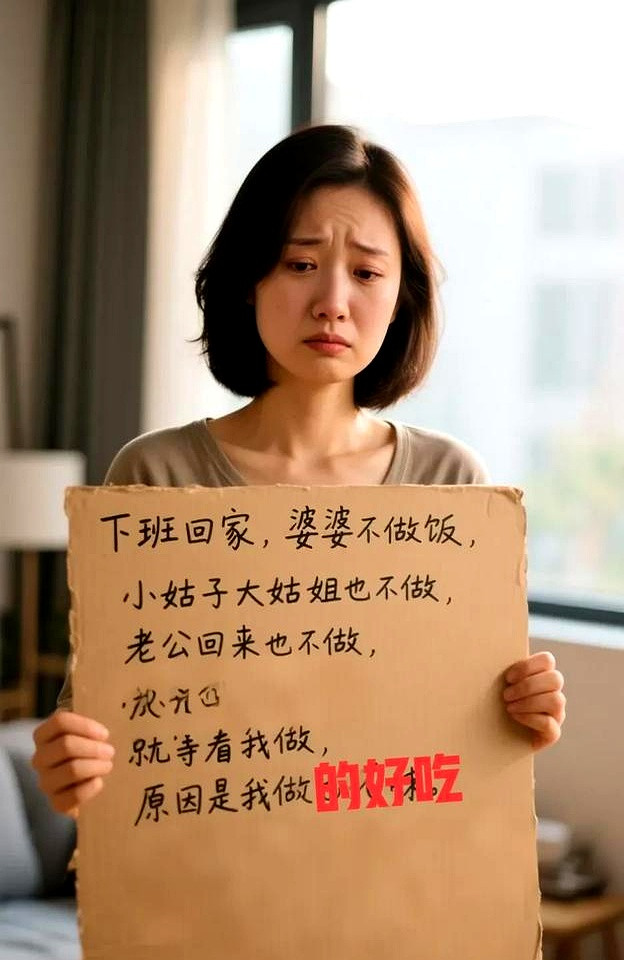 下班回家，厨房冷锅冷灶。婆婆没做饭，大姑姐小姑子嗑着瓜子，谈笑风生。老公瘫在沙发