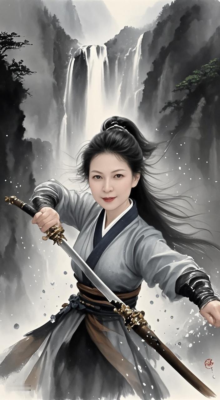 AI写真辑飞瀑当背景，侠气自然生，这波转换让人相信：每个人心中都有仗剑走天涯的自