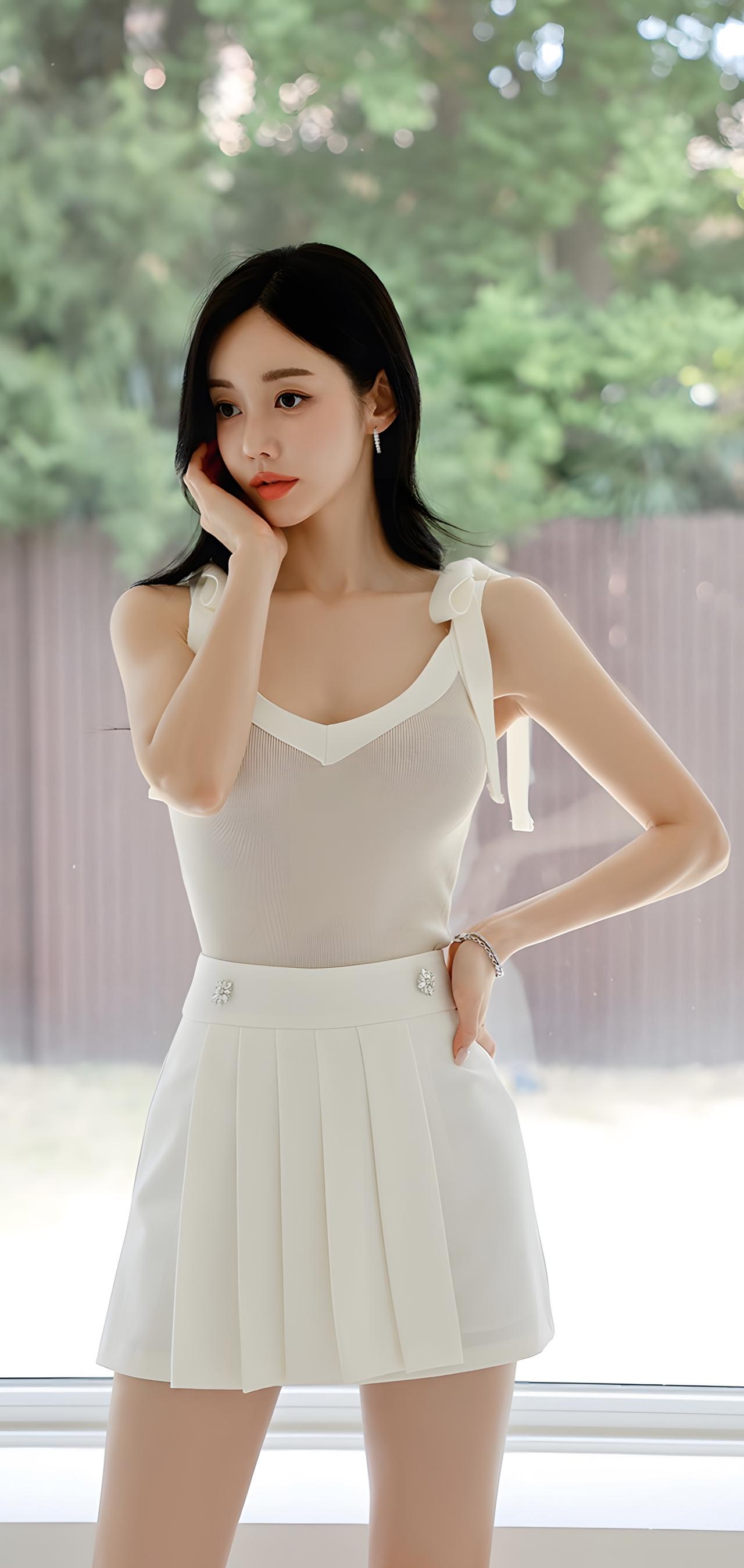 清新夏日穿搭，白色吊带裙搭配自然背景，轻松自在。