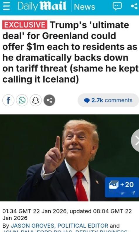 特朗普给欧洲和格陵兰岛开出最后的条件，第1，格陵兰岛居民，每一个人都可以得到10