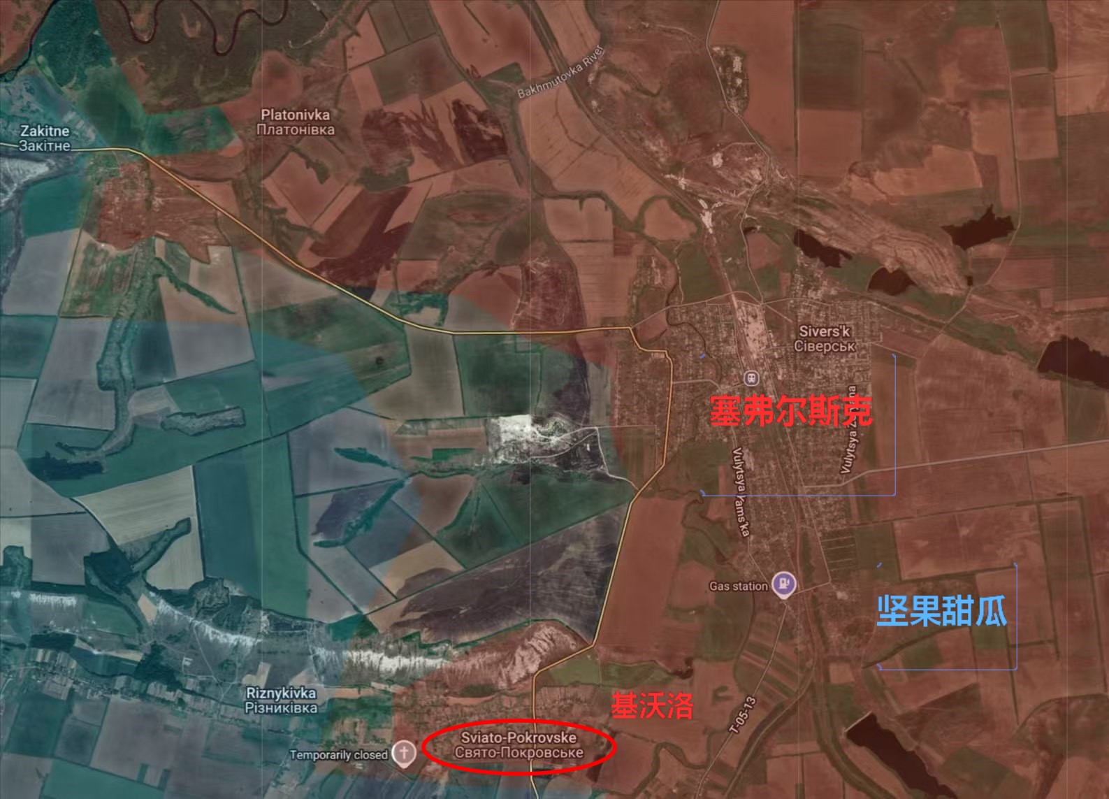 塞弗尔斯克，拿下了城区后，俄军继续往西推进，直接威胁红利曼的侧翼。往南部丘陵推进