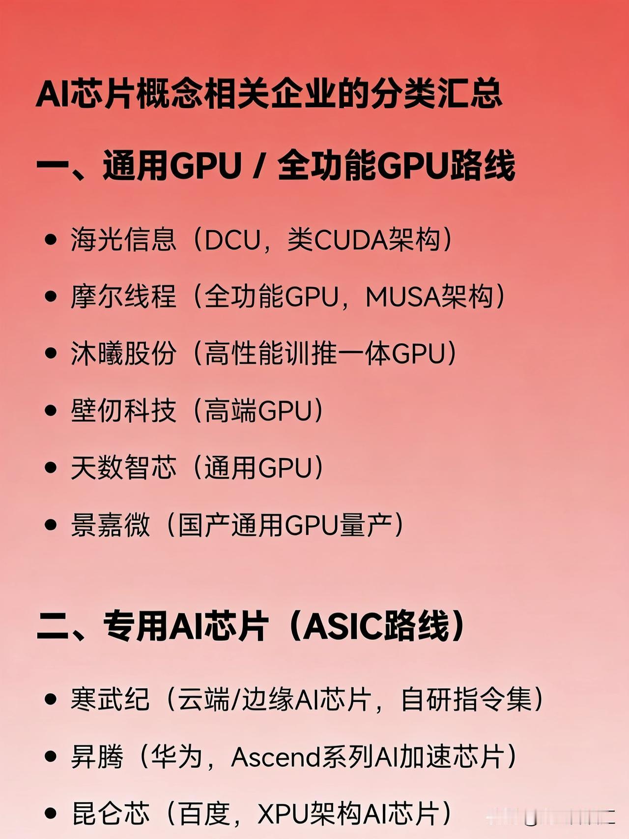 AI芯片概念相关企业的分类汇总一、通用GPU/全功能GPU路线海光信