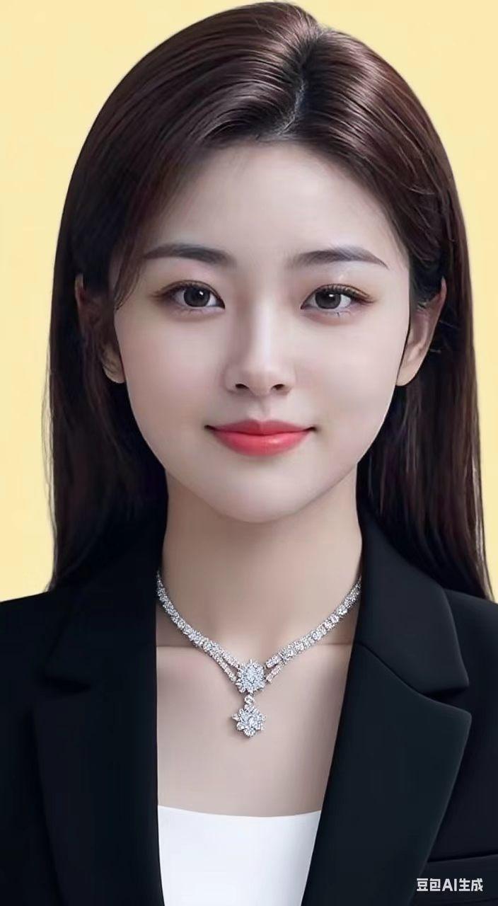 美女留着披肩长发，身着黑制服，脖子上还戴着钻石项链，这形象简直高端大气到不行！黑