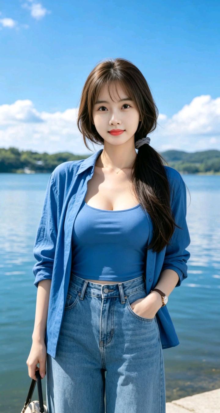 湖边拍照，穿蓝衣的小姐姐。为什么都说中年女人是最有魅力的?湖边美女照绿裙美人