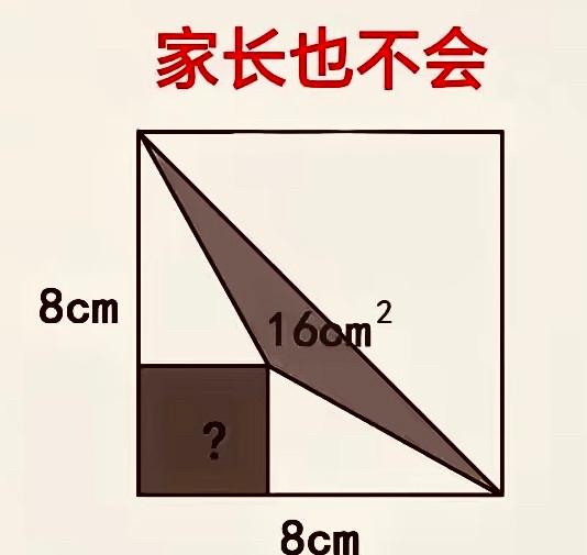 8厘米大正方形里，16平方厘米阴影三角逼疯家长第二行就告诉你：小正方形面积也