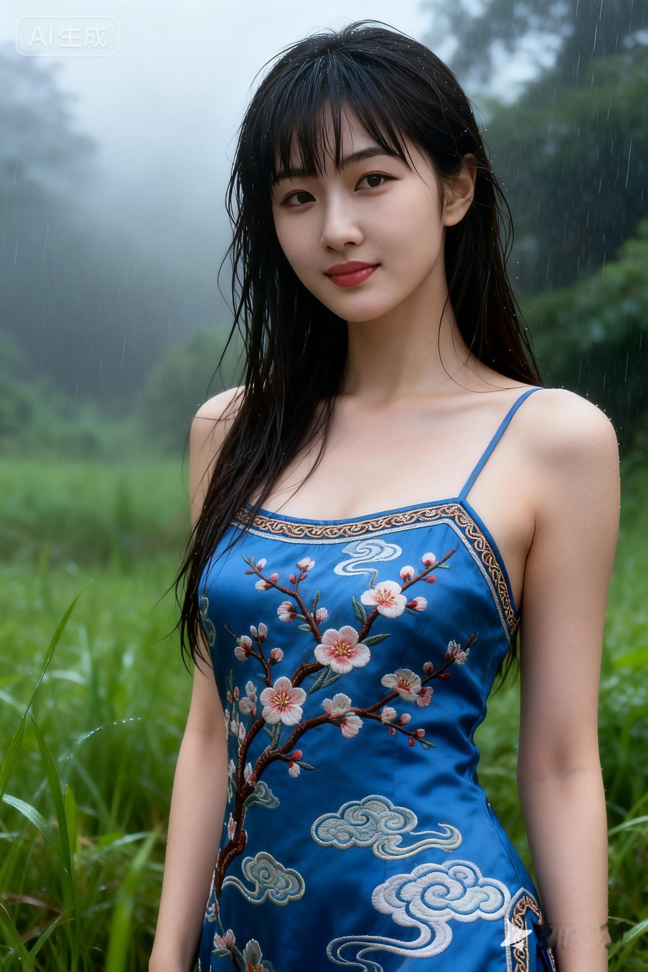 雨中仙子，蓝衣花枝，唯美如画