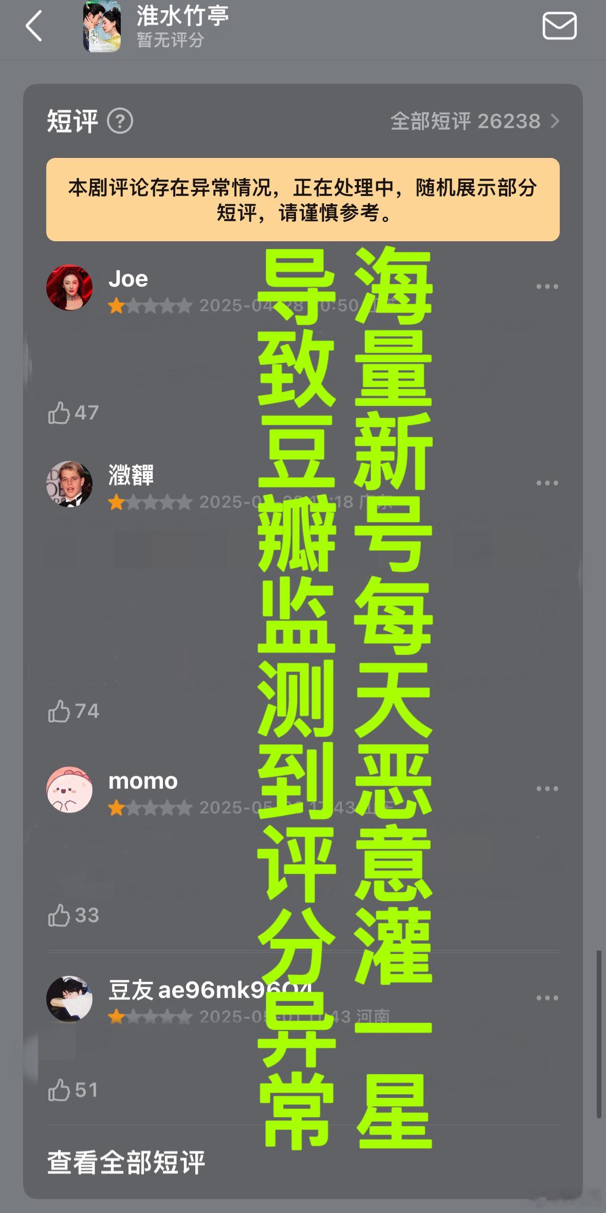 《淮水竹亭》哪里被下黑水了？是黑海！【豆瓣】近万个一星恶意密集灌分·【超七成】为