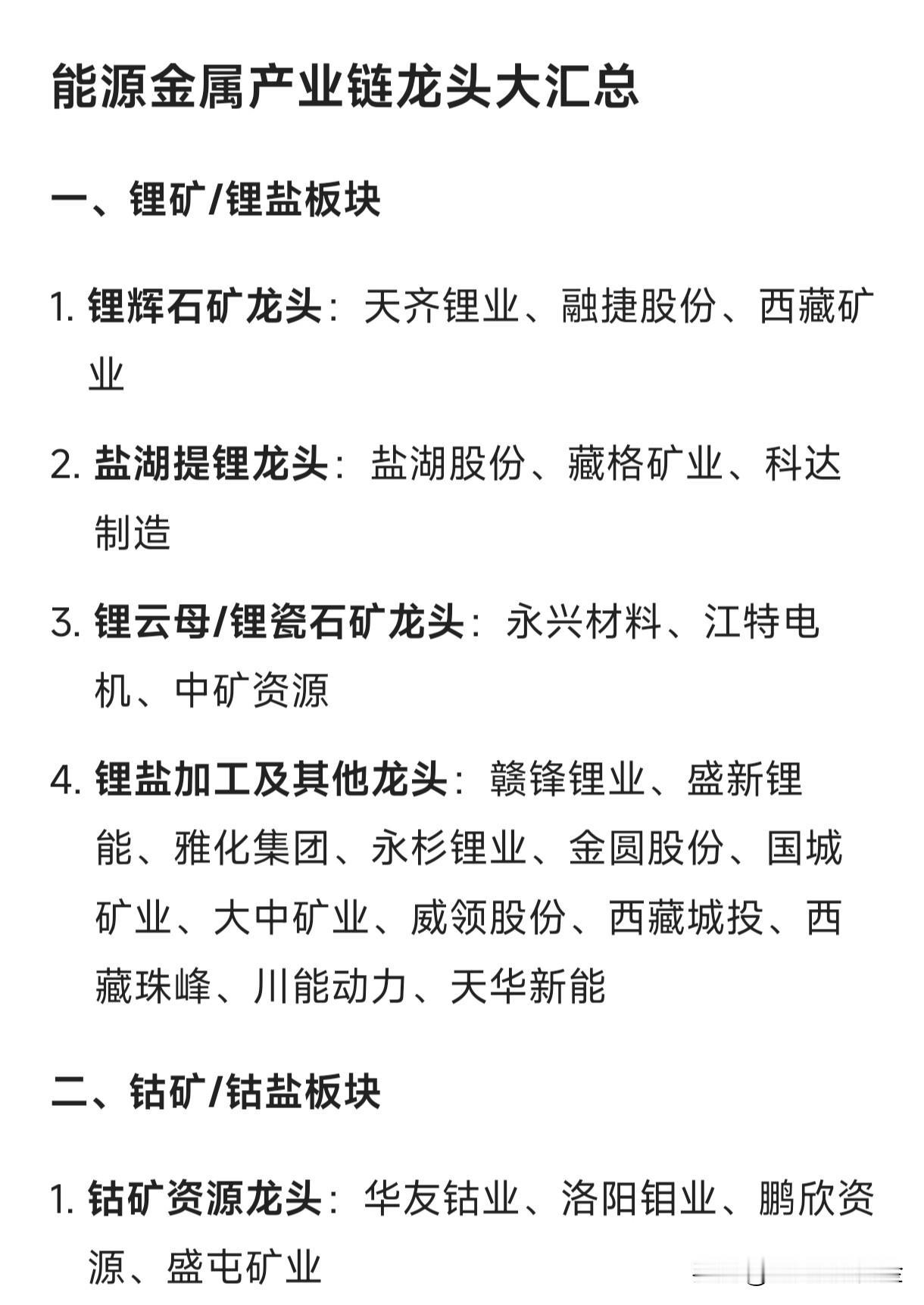 能源金属产业链龙头大汇总一、锂矿/锂盐板块锂辉石矿龙头：天齐锂业、融捷股