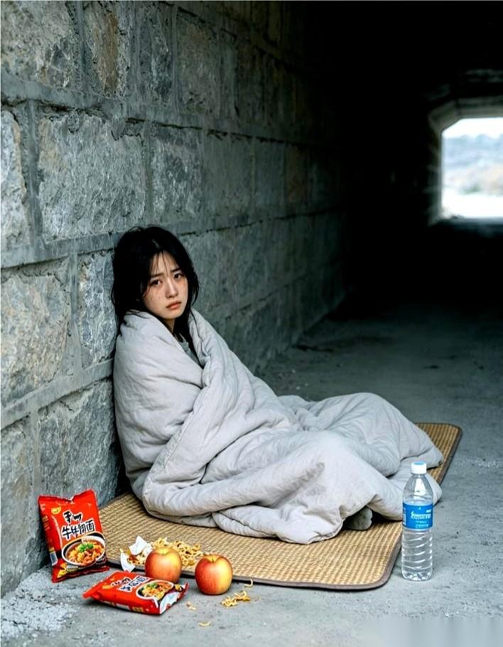 本该出现在写字楼或校园里的那张清秀脸庞，此刻正枕在冰冷漆黑的桥洞下。路过的电瓶