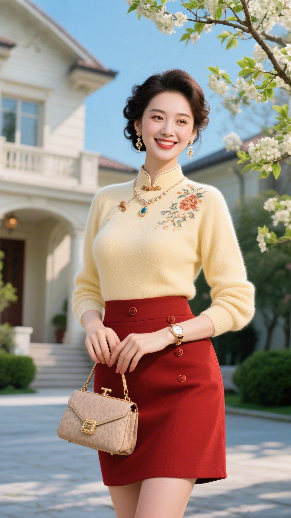 黄衫红裙裹春柔白樱漫过檐角时，这一身黄与红揉进了晴日的暖里。鹅黄绒衫