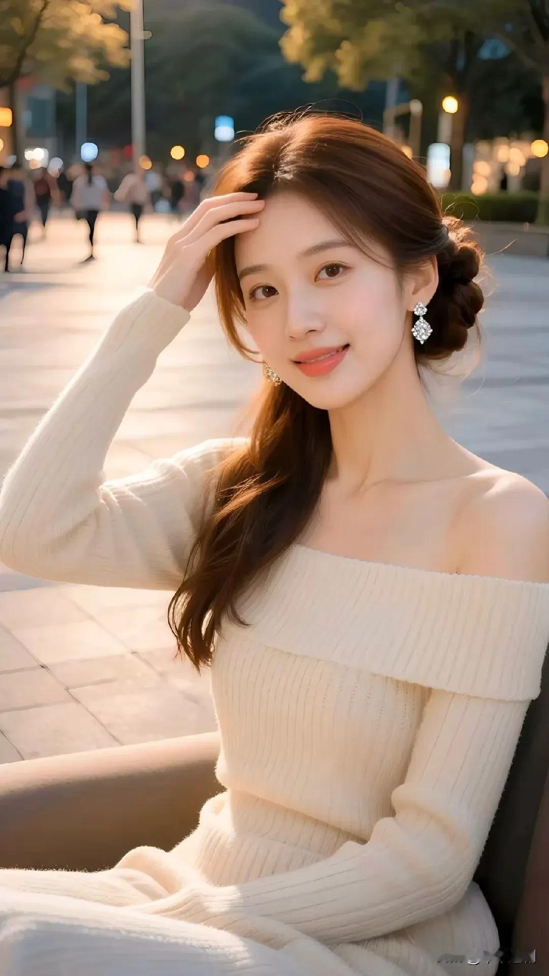 晚风轻拂，暮色温柔。一字肩的针织裙裹着暖意，在城市的流光里，你抬眼一笑，便