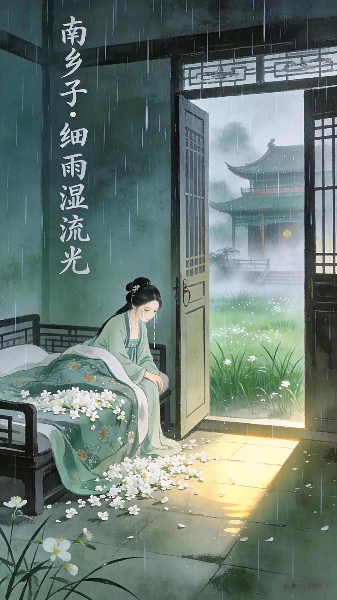 《南乡子》南唐、冯延巳。细雨湿流光，芳草年年与恨长。烟锁凤楼无限事，茫茫