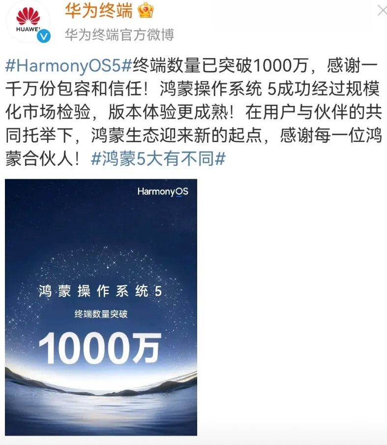 在鸿蒙版微信安装量突破一千万之后，华为也官宣鸿蒙5操作系统用户突破一千万，这是一