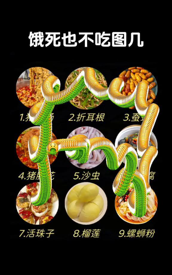饿死也不吃图几。·1.猪大肠。·2.折耳根。·3.蚕蛹。·4.猪大肠。