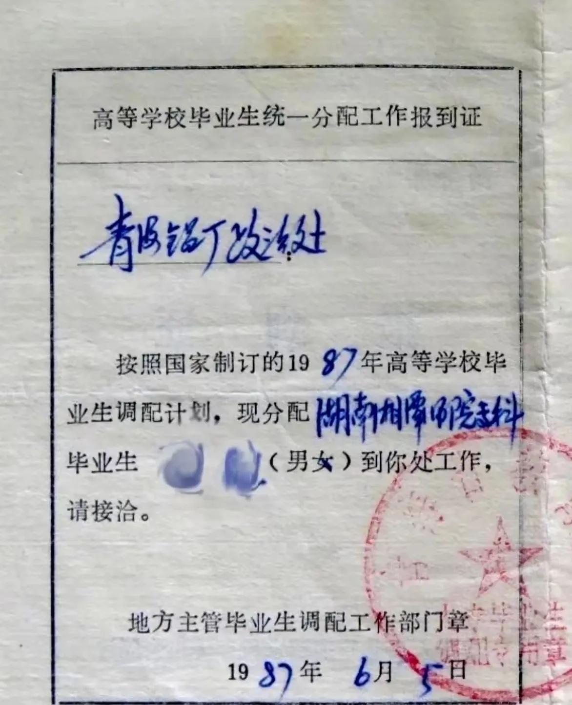 这名专科毕业生是定向分配至青海铝厂子弟学校的，先向铝厂政治处（人事处）报到，再安