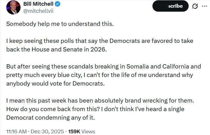 比尔·米切尔：有人帮我理解一下这个情况吗？我一直看到那些民调，说民主党在