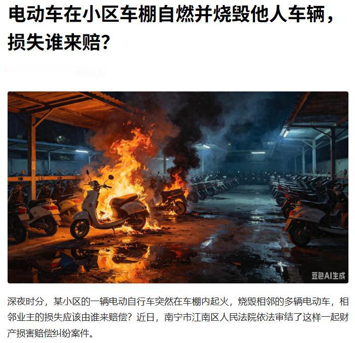 "冤不冤？"广西南宁，一男子把电动车放在小区车棚里，突然自燃了，火势蔓延，旁边几