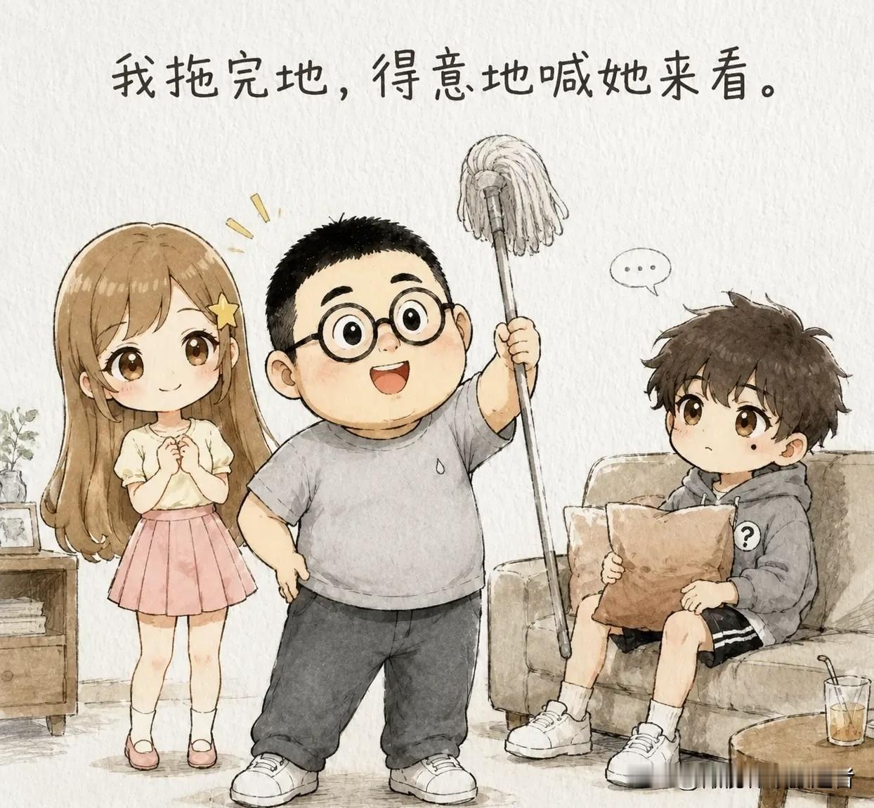 趣味漫画：我拖完地得意地喊她来看。她走进来皱眉：这个角落你没拖。我说：那个角落有