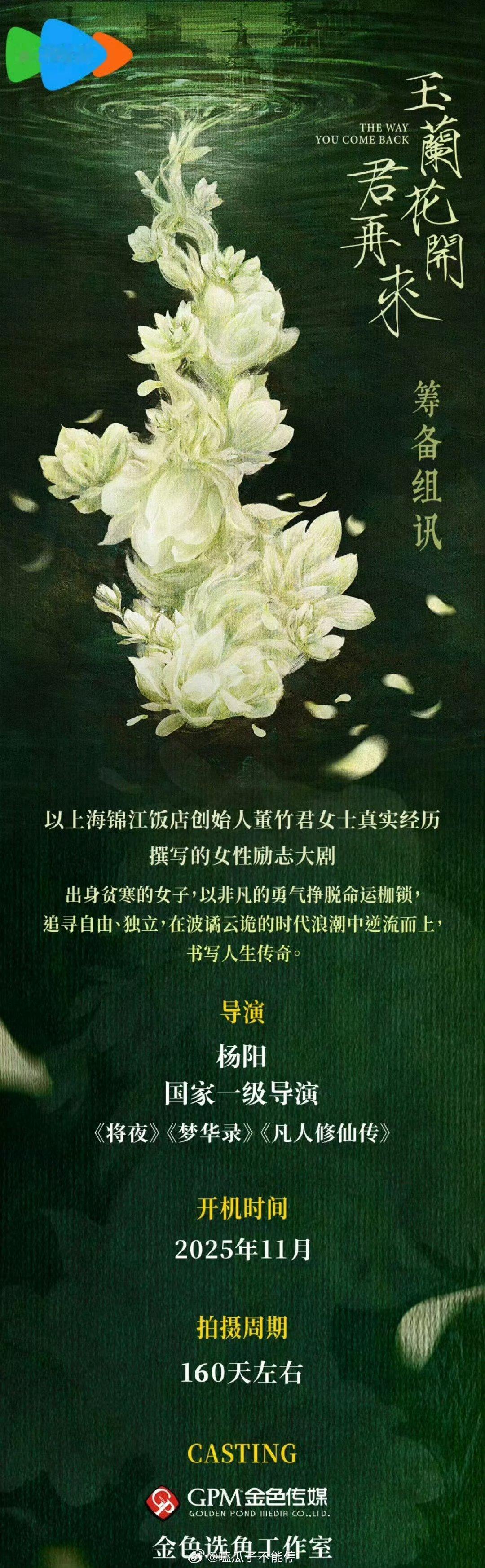 杨紫《玉兰花开君再来》组讯更新，11月开机，拍摄周期160天。​​​