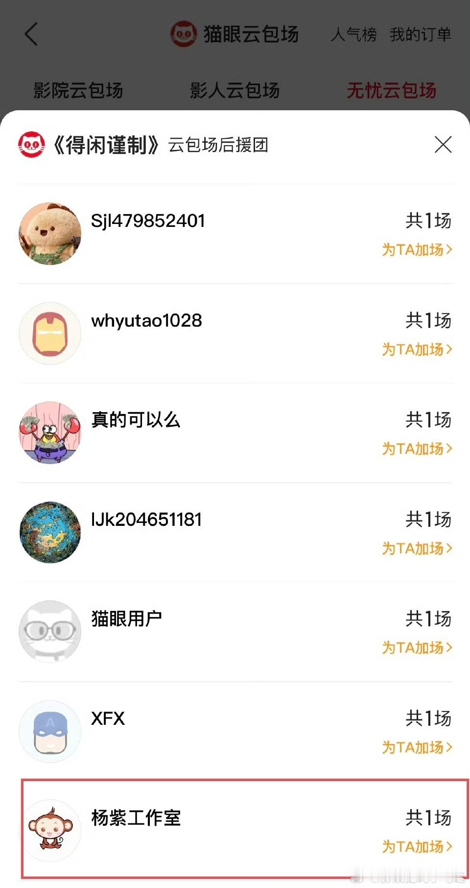 杨紫包场支持得闲谨制哇哦～得闲谨制包场里显示了杨紫工作室包场！杨紫也在支持得闲谨