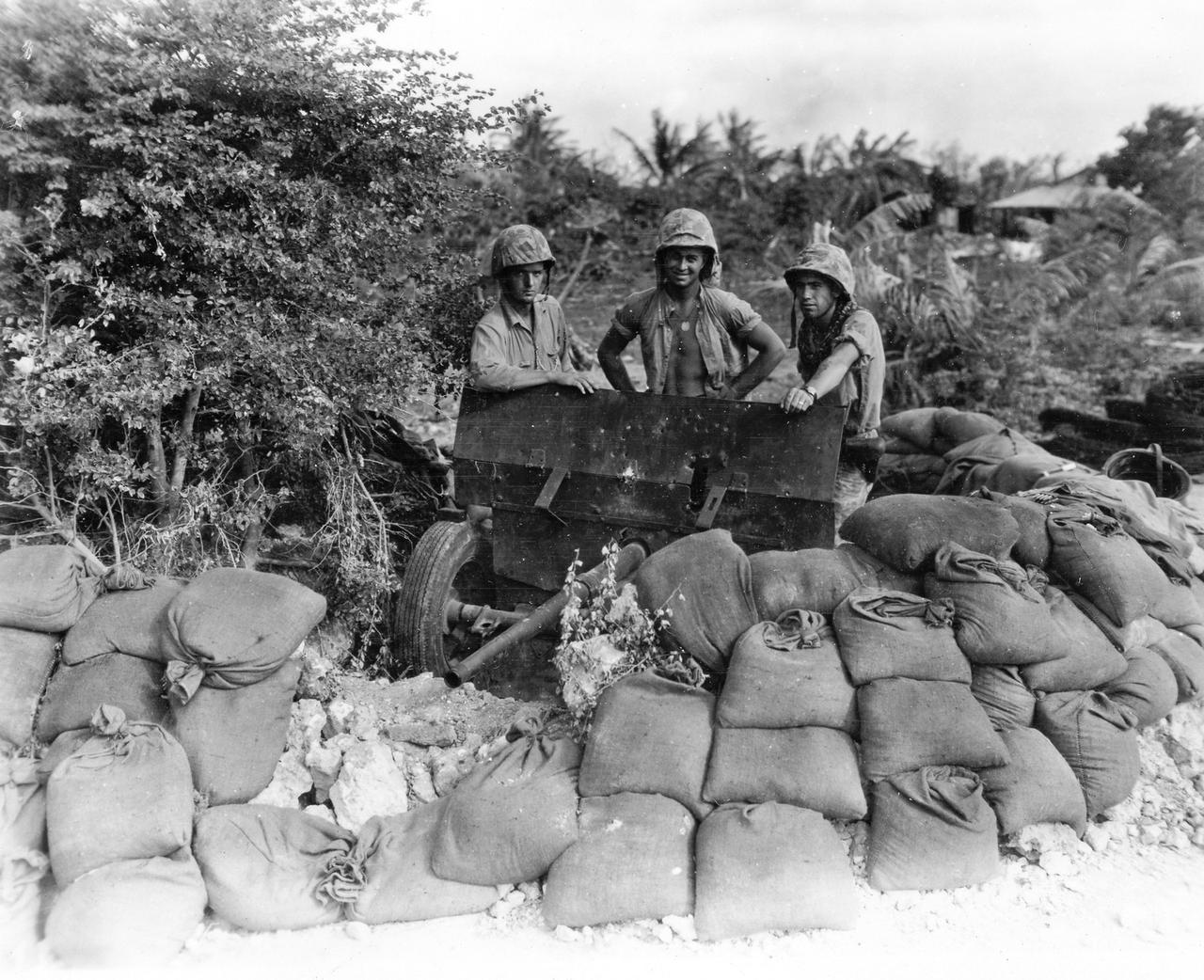 1944年,塞班岛战役期间,美国海军陆战队37毫米M3反坦克炮的炮组成员。大家注